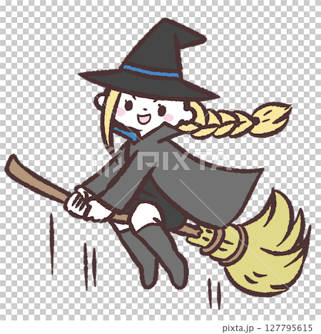 はりきってほうきに乗る魔女のイラスト はりきってほうきに乗る魔女のイラスト 127795615