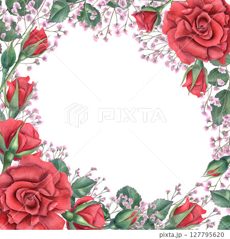 Red roses, leaves and pink gypsophila watercolor square frame. Floral illustration isolated background. Frame with copy space for text. Border for wedding invitation, love cards, birthday greetings Red roses, leaves and pink gypsophila watercolor square frame. Floral illustration isolated background. Frame with copy space for text. Border for wedding invitation, love cards, birthday greetings 127795620