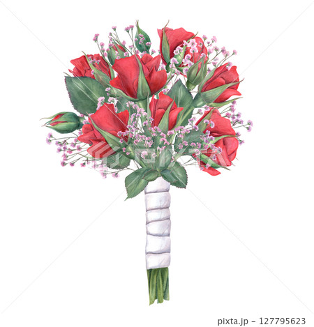 Bright floral bouquet with red roses, leaves and pink gypsophila and tied white satin ribbon watercolor illustration isolated background. Composition for wedding stationary, invitation, greeting card Bright floral bouquet with red roses, leaves and pink gypsophila and tied white satin ribbon watercolor illustration isolated background. Composition for wedding stationary, invitation, greeting card 127795623