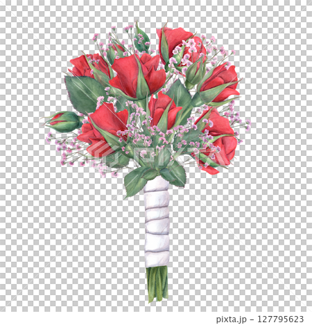 Bright floral bouquet with red roses, leaves and pink gypsophila and tied white satin ribbon watercolor illustration isolated background. Composition for wedding stationary, invitation, greeting card Bright floral bouquet with red roses, leaves and pink gypsophila and tied white satin ribbon watercolor illustration isolated background. Composition for wedding stationary, invitation, greeting card 127795623