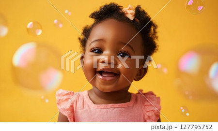 Delighted African American baby girl with pink bow smiles widely surrounded by floating soap bubbles against vibrant yellow background. Perfect for themes of infancy, joy and playfulness Delighted African American baby girl with pink bow smiles widely surrounded by floating soap bubbles against vibrant yellow background. Perfect for themes of infancy, joy and playfulness 127795752
