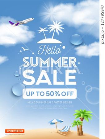 Summer sale island beach on cloud blue background poster design Summer sale island beach on cloud blue background poster design 127795947