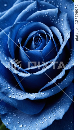 Macro shot of blue rose with water droplets on petals, close-up of fresh blooming flower with dewdrops 127796079