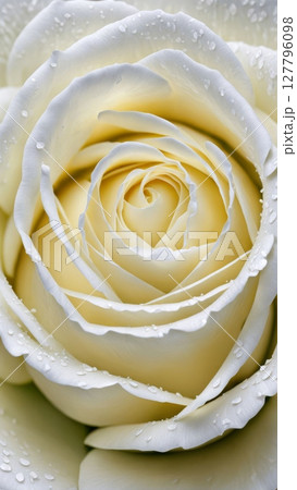 Macro shot of white rose with water droplets on petals, close-up of blooming flower with soft texture and natural freshness 127796098