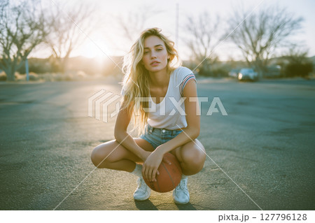 A woman is crouching down in front of a basketball 127796128