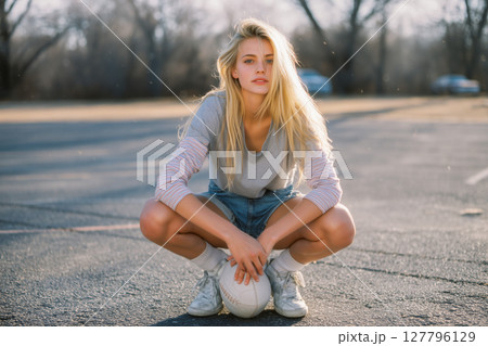 A blonde woman is sitting on the ground with a white soccer ball in her lap 127796129