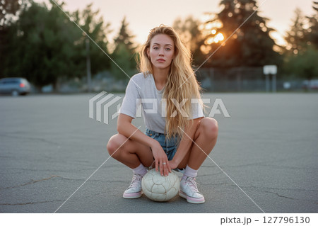 A woman is sitting on the ground with a soccer ball in front of her 127796130