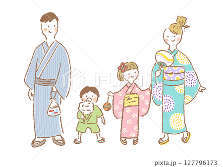 浴衣姿で夏祭りを楽しむ家族4人の手描きイラスト 127796173