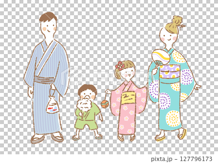 浴衣姿で夏祭りを楽しむ家族4人の手描きイラスト 127796173