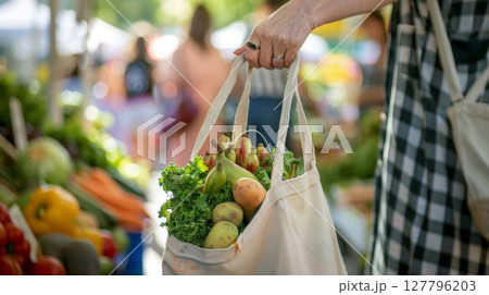 Fresh greens in eco bag at market with veggies. Perfect for sustainable living or healthy lifestyle posts. Adds natural, vibrant touch to food blogs. Fresh greens in eco bag at market with veggies. Perfect for sustainable living or healthy lifestyle posts. Adds natural, vibrant touch to food blogs. 127796203