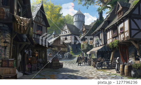 Fantasy medieval town, wooden buildings, cobblestone streets, stone walls, white towers, gray roofs, trees. Blacksmith art brings charm. 127796236