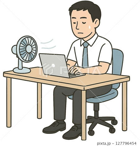 猛暑の中、扇風機で涼をとりながらパソコン作業をするビジネスマンのイラスト 127796454