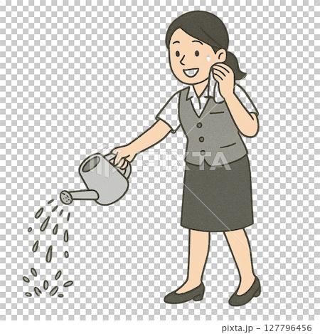 汗をぬぐいながら打ち水をする女性社員のイラスト 127796456