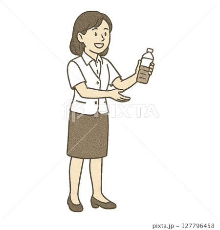 夏の暑さ対策で冷たいお茶を差し出す笑顔の女性社員イラスト 127796458
