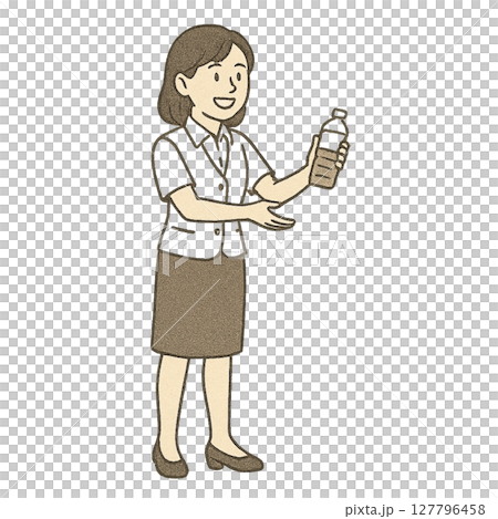 夏の暑さ対策で冷たいお茶を差し出す笑顔の女性社員イラスト 127796458