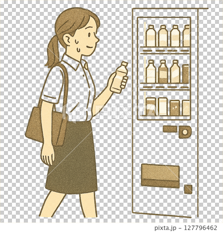 一位女商人利用夏季自動販賣機補充水分的插圖 127796462
