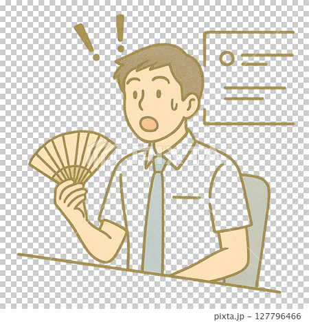 一位商人因天氣炎熱而驚訝地用折扇風的插圖 127796466