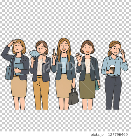 五位女性辦公室職員表現出各種表情和情緒的插圖素材 127796469