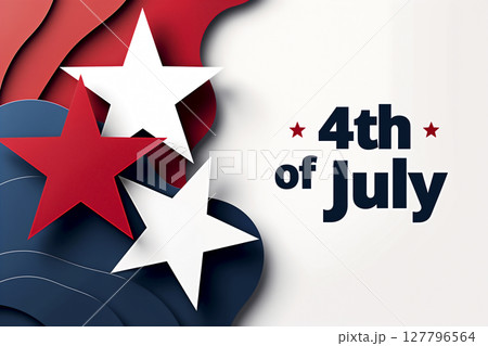 4th of July card design with layered stars and abstract shapes on white background. AI generated 127796564