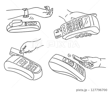 Collection of hand drawn illustrations showing different types of terminal payments via cards, phones and smartwatches Collection of hand drawn illustrations showing different types of terminal payments via cards, phones and smartwatches 127796700