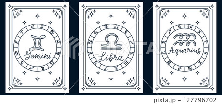 Set of zodiac illustrations featuring Gemini, Libra and Aquarius symbols with astrological signs around 127796702