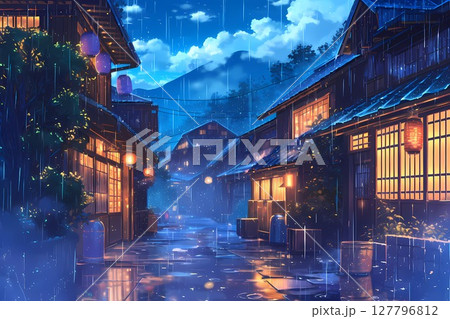 雨の降る温泉街の夜景（アニメ・イラスト・背景）のイラスト素材
