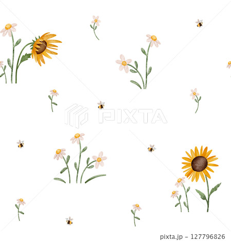 Seamless watercolor pattern with daisies, sunflowers, and bees. Hand-drawn floral and insect illustrations, perfect for children's textiles, nursery decor, and playful designs. Bright and cheerful. 127796826
