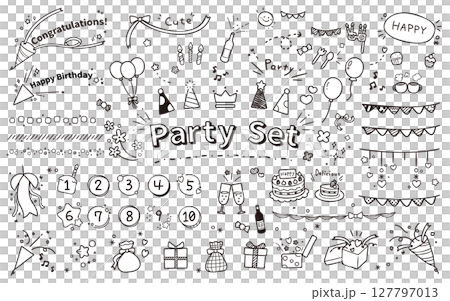 A set of hand-drawn illustrations of celebration goods / Cute designs that can be used for birthdays, events, and parties 127797013