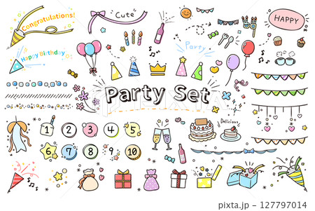 パーティーグッズ手書き風イラストセット／ポップなイベントに使える可愛いデザイン 127797014