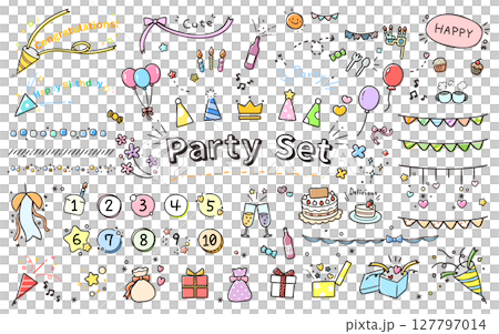 パーティーグッズ手書き風イラストセット／ポップなイベントに使える可愛いデザイン 127797014