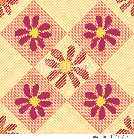 Seamless gingham pattern with cute daisy flowers, diagonals and checkered background. Tartan check for textile, packaging, holiday. Cozy cute baby background. 127797189
