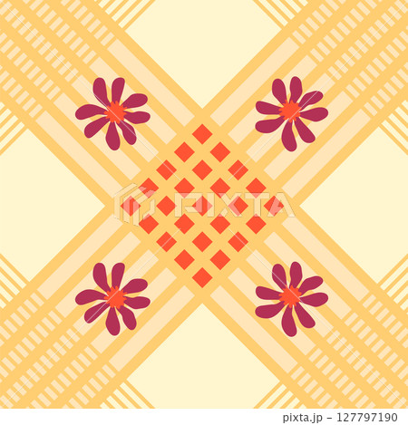 Seamless gingham pattern with cute daisy flowers, diagonals and checkered background. Tartan check for textile, packaging, holiday. Cozy cute baby background. 127797190
