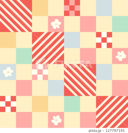 Seamless gingham pattern with cute daisy flowers, diagonals and checkered background. Tartan check for textile, packaging, holiday. Cozy cute baby background. 127797191
