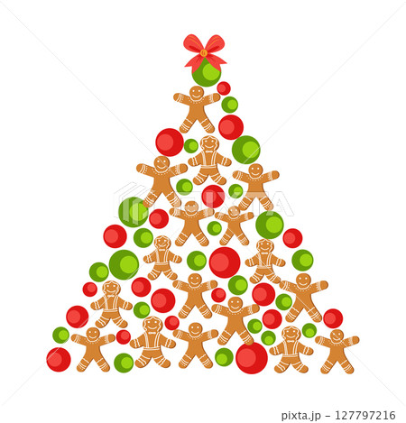 Triangle of gingerbread cookies, gnomes, christmas stockings, snowflakes forming christmas tree. Gift holiday vector elements 127797216