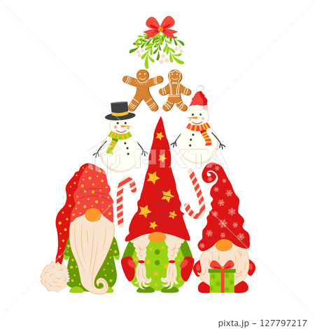 Triangle of gingerbread cookies, gnomes, christmas stockings, snowflakes forming christmas tree. Gift holiday vector elements 127797217