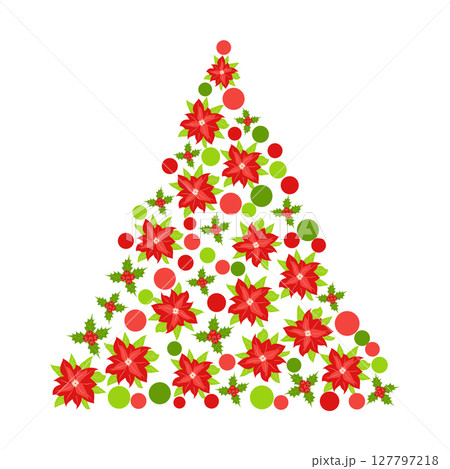 Triangle of poinsettia flowers forming a Christmas tree. Gift holiday vector elements 127797218