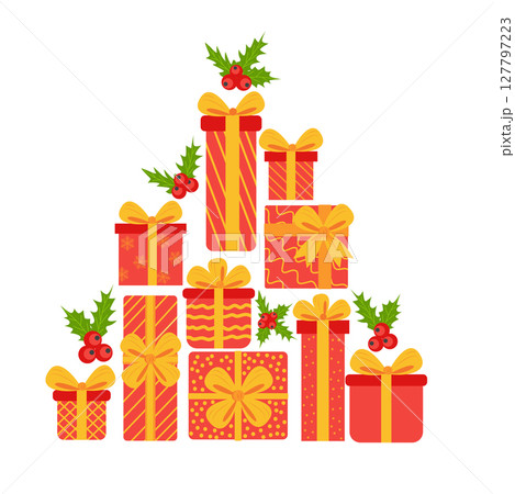 Stack of gift boxes forming a Christmas tree. Present holiday vector elements. 127797223