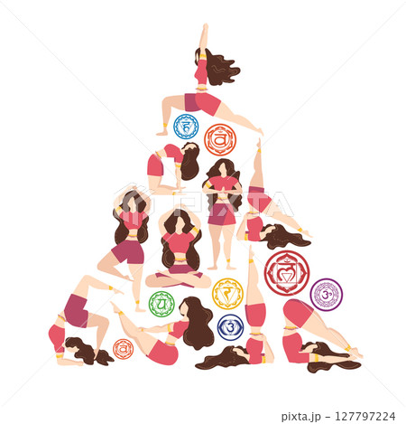 Christmas tree, triangle made of Chakra symbols and yoga poses made by woman. 127797224