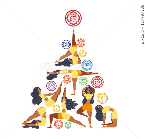 Christmas tree, triangle made of Chakra symbols and yoga poses made by woman. 127797226