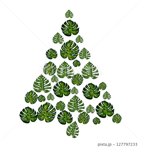 Christmas tree made of tropical leaves of monstera, avocado,gifts under the Christmas tree, fireworks. New Year celebration concept, banner, postcard, creative. 127797233