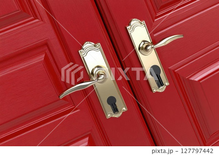 Red Door Features Gold Handles and Keyholes, Home Security Concept 127797442