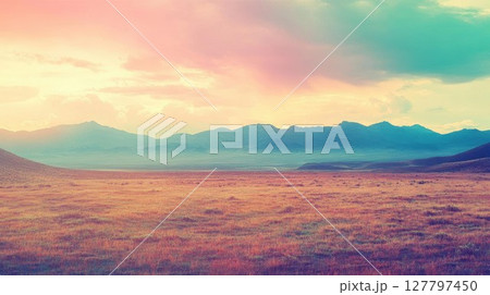 Golden Meadow Meets Majestic Mountains Under Pastel Sky with Tranquil Valley Views, Serene Nature's Embrace Golden Meadow Meets Majestic Mountains Under Pastel Sky with Tranquil Valley Views, Serene Nature's Embrace 127797450