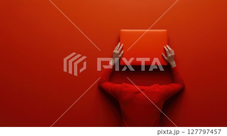 Person Holds Laptop on Red Background, Digital Detox, Minimalist Tech Person Holds Laptop on Red Background, Digital Detox, Minimalist Tech 127797457