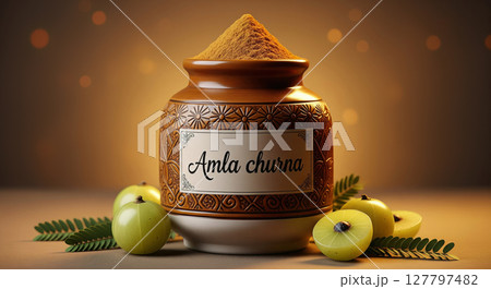 Traditional Amla Churna Powder in Ornate Ceramic Jar with Fresh Indian Gooseberries 127797482