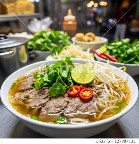 Authentic Vietnamese Pho Bo Beef Noodle Soup with Fresh Herbs and Lime in Restaurant Setting 127797533