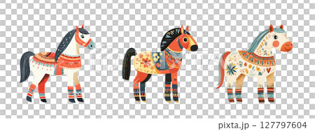 Three decorated horses standing side by side 127797604