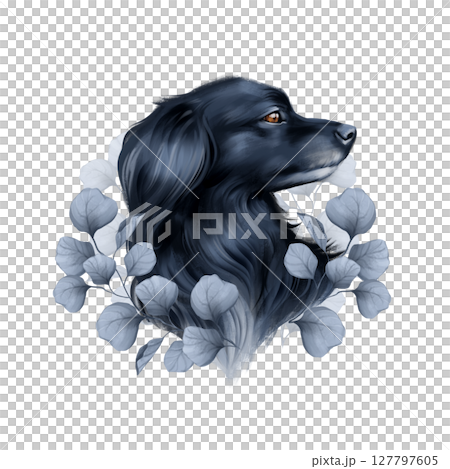 Elegant Black Dog with Blue Leaves 127797605