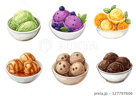 Ice cream scoops of different flavors filling white bowls 127797606