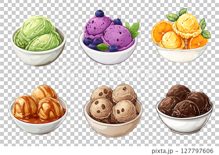Ice cream scoops of different flavors filling white bowls 127797606