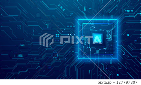Technology circuit board background. Artificial Intelligence microchip Technology circuit board background. Artificial Intelligence microchip 127797807